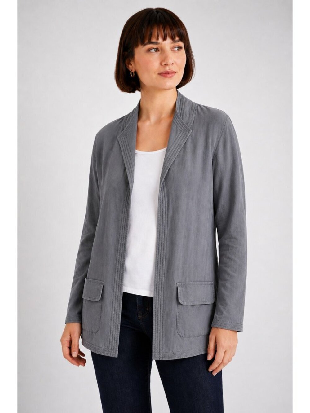 Eileen Fisher Gray Linen Blend Open Front Jacket Lightweight Layer M